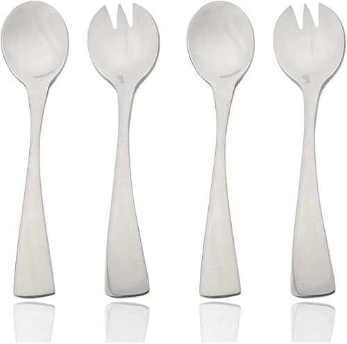 JASHII Juego de 2 cucharas de ensalada plateadas, 2 tenedores de ensalada, cucharas redondas de acero inoxidable, juego de cucharas de mesa