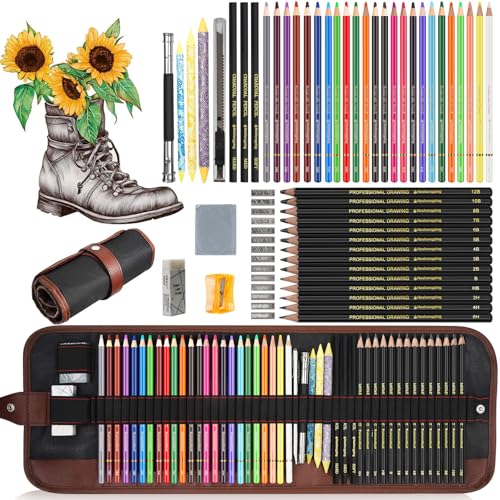 Heshengping Sketch & Drawing Art Pencil Kit-50 Piece Set, Include 24 Color Pencil(For Adult Kid Coloring Books) & Graphite Charcoal-Pencil Etc., Art Supply Ideal for Adult, Kid,Student, Beginner