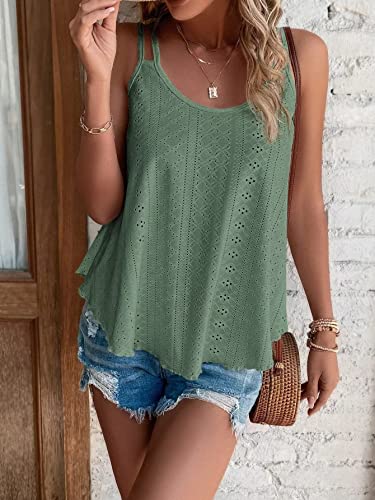 Kkj Women’s Tank Tops Eyelet Embroidery Sleeveless Spaghetti Strap Tops Scoop Neck Sexy Loose Fit Casual Summer Flowy Cami Green #TOP3