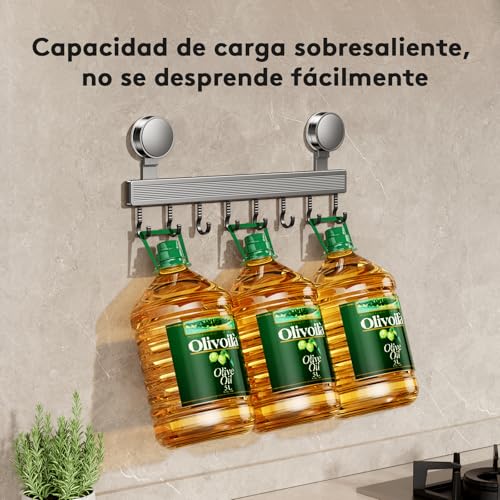 Miniatura 3 de Fercosen Barra De Ganchos Para Cocina Sin Taladro Con Ventosa 8 Ganchos, 40 Cm De Largo, Capacidad De Carga De 20 Kg, Instalación En 1 Minuto Barra Desmontable Para Utensilios De Cocina