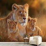 Générique Carta da parati panoramica in tessuto non tessuto animali selvatici Savana 250 x 175 cm, foto poster da parete leoni leonessa cucciolo erba, per soggiorno camera dei bambini
