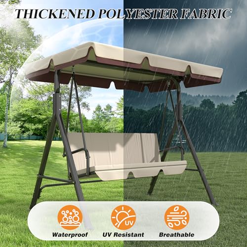Image of GARTOO 3-Seat Patio Swing Chair, Outdoor Porch Swing with Adjustable Canopy and Durable Steel Frame for Patio, Garden, Poolside (Beige)