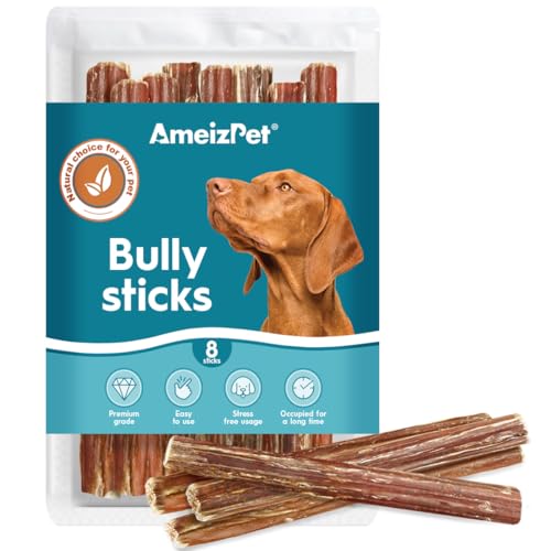 AmeizPet Bully Pizzle Stick For Dogs & Puppies 8 Pcs, Long Lasting Dog Beef Meat Sticks, Natural Dental Bully Sticks Dog Chew Treats For Training, 12cm (4.7")