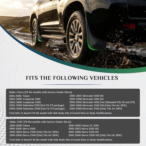Image of Mud Flaps Fit for 01-06 Chevy Avalanche 1500 /2500 Silverado 1500HD /3500 Suburban 2500 Tahoe 99-06 GMC Sierra 3500 1500 HD Yukon /XL 1500 Dedicated Mudguard for Four Seasons Universal Protection