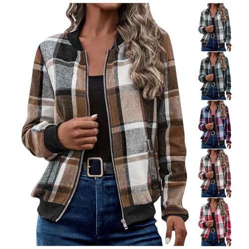 Lightweight Jacket Women Zip Up Plaid Casual Jackets Long Sleeve Outerwear Fashion Fall Outfits with Pockets