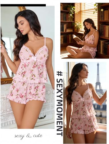 Image of Avidlove Sexy Pajama Lingerie Set for Women Sheer Mesh Cami Shorts | Ruffle V-neck sleepwear, lace trim, elastic waist, adjustable straps, lightweight feel, summer vacation boudoir outfit