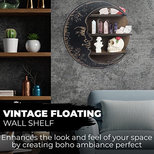 Cefreco Black Crescent Moon Shelf - Rustic Wooden Crystal Holder For Healing Stones And Essential Oils - Wall-Mounted Crystal Shelf Display For Wall Decor - Witchy Gifts For Women #TOP4