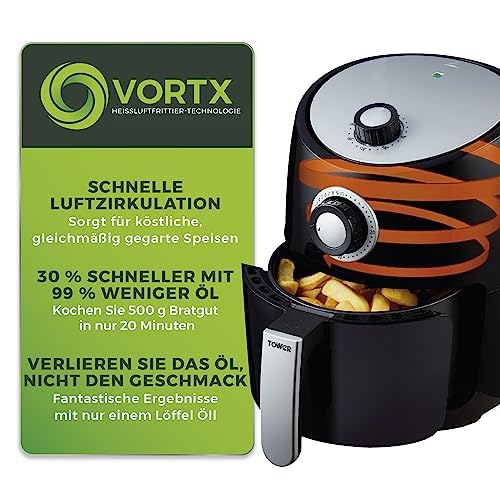 Tower T17023 Vortx Heißluftfritteuse für die Ganze Familie mit Schneller Luftzirkulation - 30-Minuten-Timer - Airfryer Heißluftfritteuse Klein 2,2 l - Schwarz – Bild 4