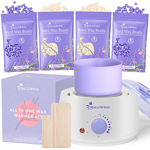 Waxing Kit for Women Men, Wax Warmer for Hair Removal with Adjustable Temperature Dial. Mallowwax Wax Machine for Full Body Hair Removal Sensitive Skin with 14.1oz Wax Beads and A Reusable Silicone Wax Pot
