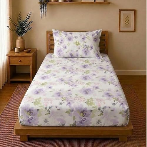Image of Linen Home Cotton Percale Fitted Bedsheet Set Single Size Floral Purple