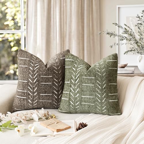 Image of Foindtower Set of 2 Decorative Chenille Jacquard Throw Pillow Covers Textured Farmhouse Vintage Cushion Cover Modern Coastal Boho Home Decor For Sofa Chair Couch Bed Living Room,18x18 Inch,Cocoa Brown