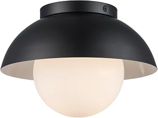 Asher Hamilton AHFL-301BK Arlo 10 Inch Ceiling Light | Black Finish | One E26 Bulb; 60W Max; 120V; Dimmable; Damp Rated; Metal Shade; White Frosted Interior; Down Light