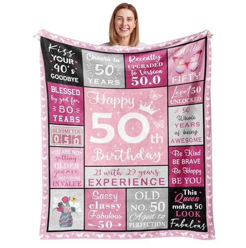 Julazy 50th Birthday Gifts for Her, 50th Birthday Blanket 50""X60"", 1974 Birthday Gifts for Women, Happy 50th Birthday Decorations, 50 Year Old Gifts for Women, for 50 Year Old Woman, Pink