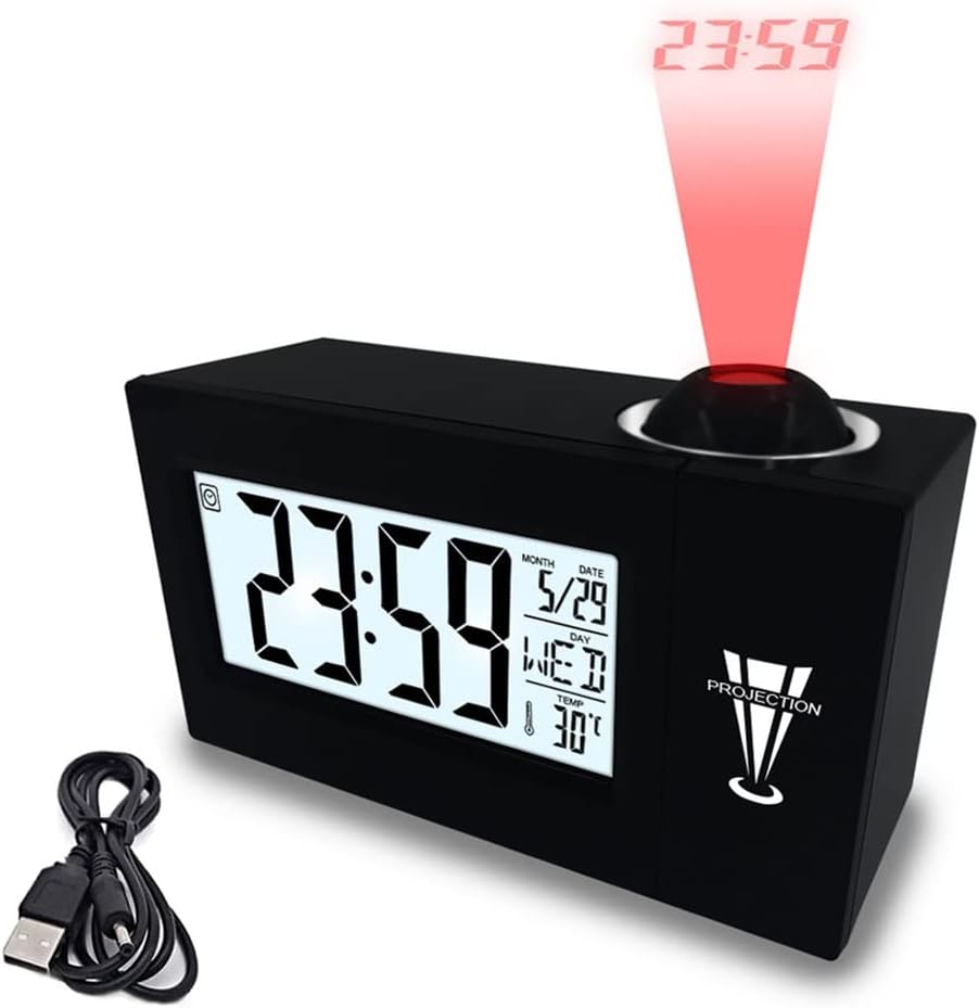 LELED Digital Projection Alarm Clock Temperature Thermometer Desktop Time Date Display Projector Calendar(D)