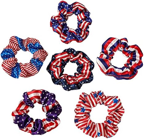 6 Colors Set Cute Satin Scrunchies For Hair,Big Hair Scrunchies Satin Hair Ties Ponytail Holder Silky Soft No Hurt Your Hair (American flag(Blue+Purple+Navy+Thin Stripe Star+White Red Stripe+White Red Blue Stripe))