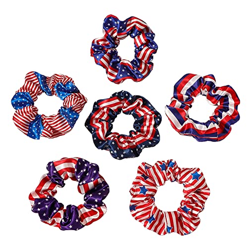 6 Colors Set Cute Satin Scrunchies For Hair,Big Hair Scrunchies Satin Hair Ties Ponytail Holder Silky Soft No Hurt Your Hair (American Flag(Blue+Purple+Navy+Thin Stripe Star+White Red Stripe+White Red Blue Stripe)) #TOP26