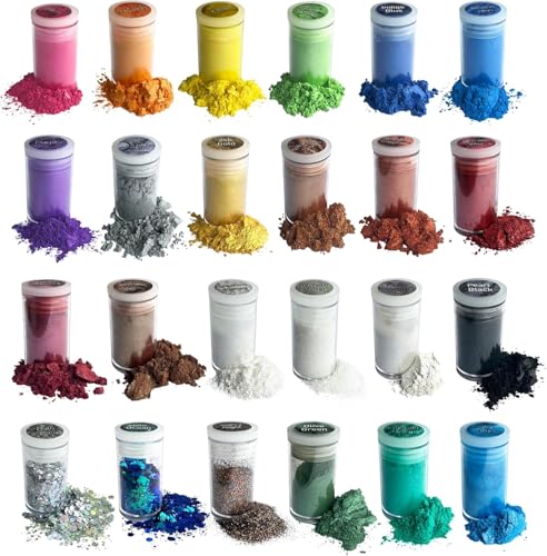 VITARIE Pigment Set - 24 Colors Mica Powder for Lip Gloss, Skin Paint, Bath Bombs, Soap Making, Nail Polish, Epoxy Resin, Candle - 0.11oz Each (20 Jars Mica + 4 Jars Glitter)