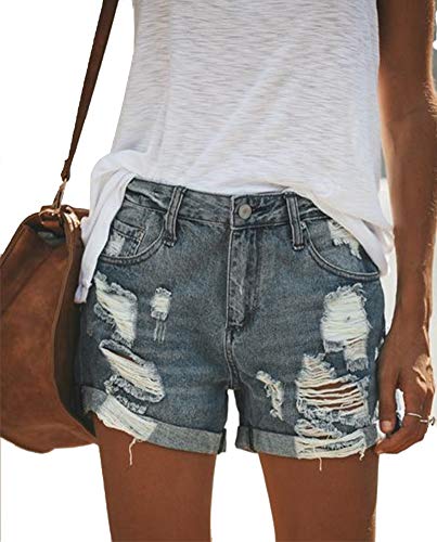 Uni-Wert Pantalones Cortos Mujer Jeans Vaqueros Básicos Rotos Cintura Alta Verano Denim Hot Pants Jeans Shorts con Bolsillos Cover