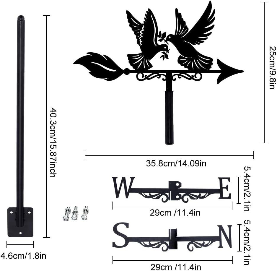 SUPERDANT Dove of Peace Weathervane Pigeon Animal Metal Weather Vane Decorative Black Wind Vanes for Yard Wind Direction Roof Mount Signs for Outside Garden Farm Backyard Barn Patio Shed Art Decor