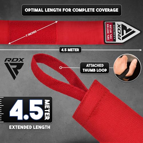 Image of RDX Boxing Hand Wraps 4.5M / 180 Inches - Mexican Style Semi-Elastic MMA Inner Gloves - Wrist Support for Muay Thai, Kickboxing, BJJ, Karate - Thumb Loop & Hook and Loop Closure - Cotton & Nylon Blend