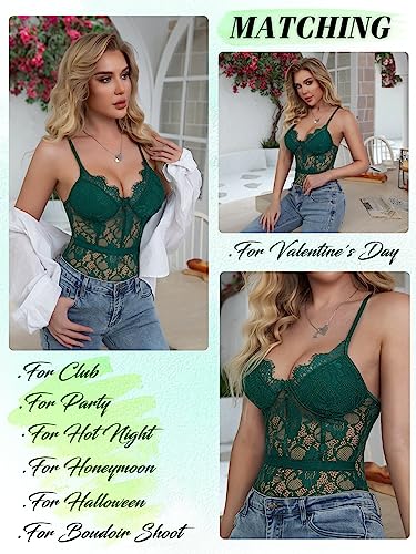 Popiv Women Lace Lingerie Bodysuit Set Sexy Corset Teddy Lingerie Tops Snap Crotch Body Suit Dark Green #TOP4