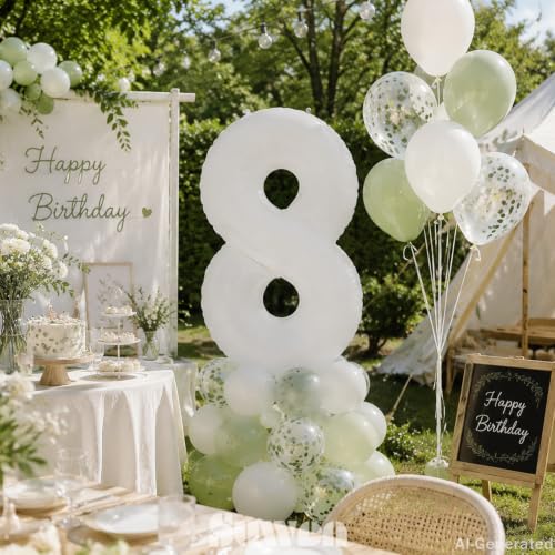 Image of SUWEN 40 Inch White Large 8 Balloon Number Big Foil Helium Numbers 0-9 | Giant Jumbo Happy 8th Birthday Party Decorations for Men or Women Huge Mylar Anniversary Party Supplies