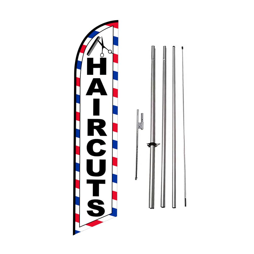 Haircuts (RWB) Feather Banner Swooper Flag Kit - INCLUDES 15FT POLE KIT w/GROUND SPIKE