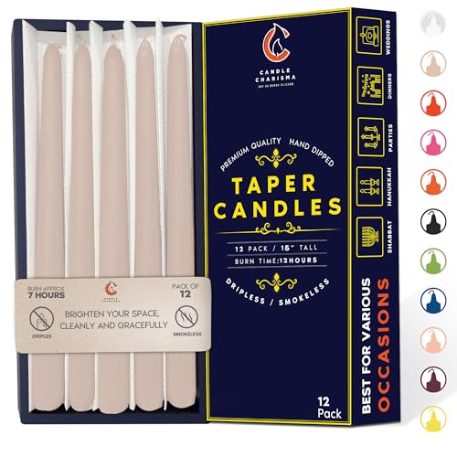 Ivory Cream 15 Inch Taper Candles - Pack of 12 Premium Unscented, Dripless & Smokeless Hand-Dipped Candles for Birthday, Wedding or Dinner Decorations and Formal Candlelighting