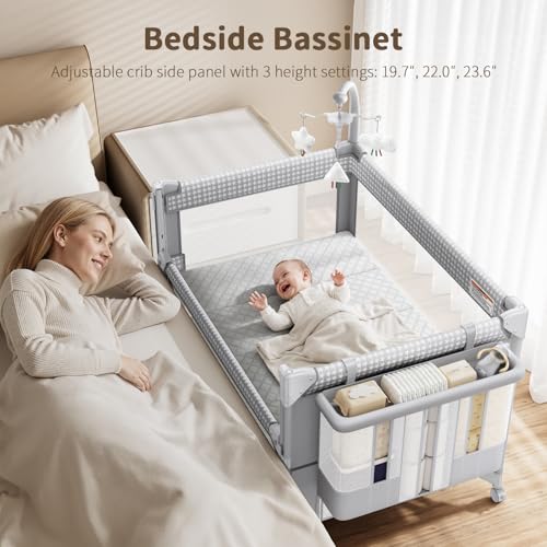 Image of 4 in 1 Baby Bassinet, One-Push Setup Pack and Play, Bedside Crib Sleeper with 3 Height Adjustable,Diaper Changer, Come with Comfy Mattress, Rotating Toy Bar, from Infants to Toddlers (Grey)