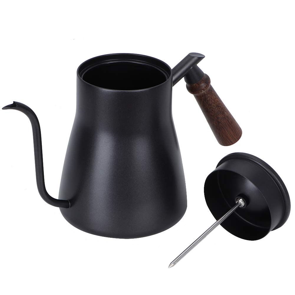 Schwanenhals Wasserkocher, 850ml Gooseneck Kettle mit Thermometer, Kaffeekessel mit Holzgriff, Gooseneck Kettle, Wasserkocher Schwanenhals für alle Herdtypen, Langlebig und Einfach zu Reinigen