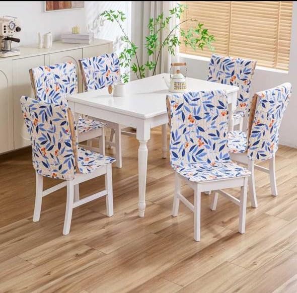 Image of HOMETHREADS Universal-Fit Cotton Fabric Chair Cover Comfortable Cushioned Seating Pad with Anti-Slip Back, Perfect for Kitchen,Dining Room (White Blue, Pack of 8)