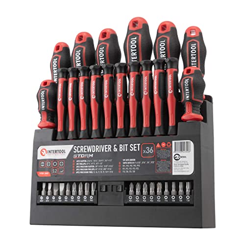 Intertool 36-Piece Magnetic Screwdriver, Bits Set, Plastic Rack, 8 Standard, 10 Precision, 18 Bits, 1 Bits Driver, Cushion Grip Handles, High Torque S2 Steel, Dual-Purpose Storage Shelf Vt08-3443 #TOP8