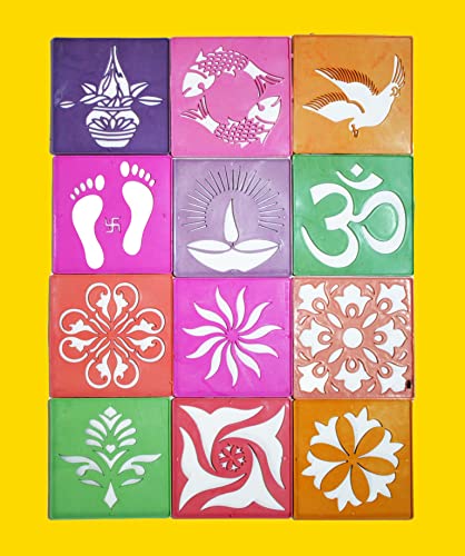 Rangoli Making Tools Kit Stencil Set of 12 Rangoli Making Multiple Design Square Stencil for Diwali Onam Pongal Floor Decoration Pooja Room Home Decor Multicolor (12 Piece, 4x4 Inches)