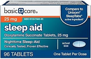 Basic Care Sleep Aid Tablets, Doxylamine Succinate Tablets, 25 mg, Nighttime Sleep Aid