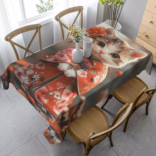 Tovaglia rettangolare con adorabile gattino in kimono, 152 x 228 cm, resistente alle pieghe, in tessuto decorativo, per sala da pranzo, feste, interni ed esterni