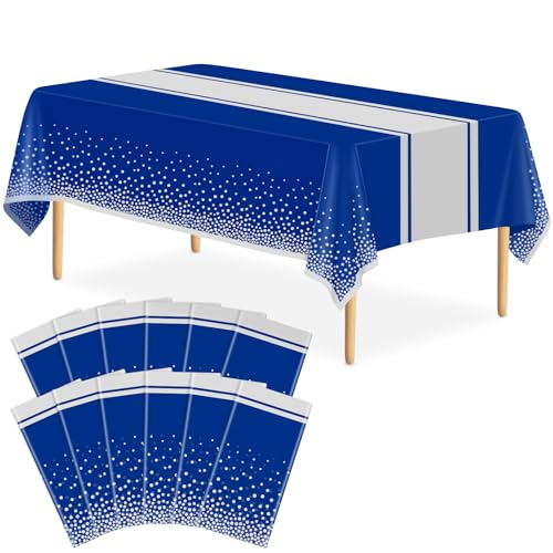 Image of 12 Pack Blue and Silver Tablecloth Party Decorations Plastic Blue Tablecloth Printed Silver Table Runner 54 x108 Inch Disposable Rectangle Table Cover for Birthday Wedding Graduation