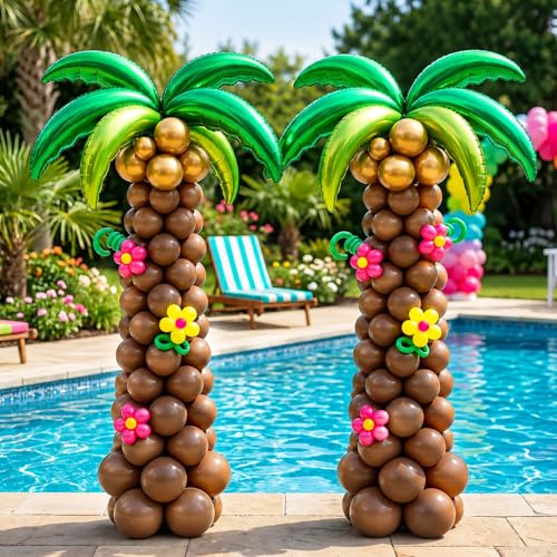 Palm Tree Balloon Kit Set of 2 Tropical Balloon Columns with Coconut Tree Foil Balloons Luau Hawaiian Party Decorations Tiki Beach Summer Birthday Decorations Jungle Balloon Stand Kit