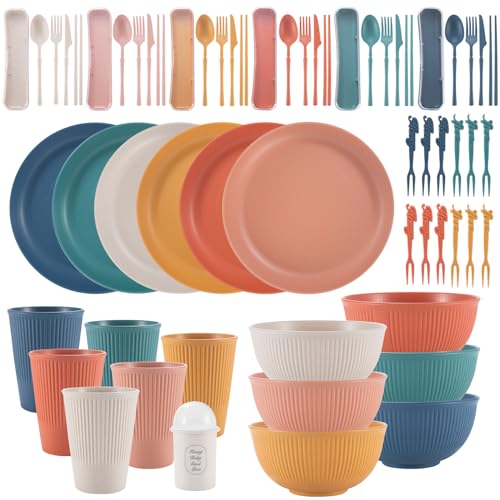 Dyserbuy 60pcs Plates and Bowls Set, Plastic Dinner Sets for 6 People, Unbreakable Picnic Dinner Set, Lightweight Dinnerware Plates, Bowls, Cups, Cutlery Set, Forks for Camping, Picnic, Party