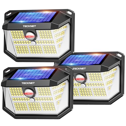 TECKNET Luz Solar Exterior, 231 LED/300° Iluminación (Ilumina 35㎡) Brillo Alto Luces Solares con Sensor de Movimiento, 3 Modes IP65 Impermeable Focos Led Solares para Jardín, Garaje, Patio, 3 Paquete