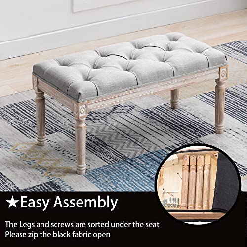 DM Furniture Ottoman Bench Upholstered Fabric Rectangle Entryway Bench, Tufted Piano Bench for 2 People, Rubber Wood Legs with Beautiful Carved Pattern for Bedroom/Living Room/Dining Room (Grey) - Thumbnail 5