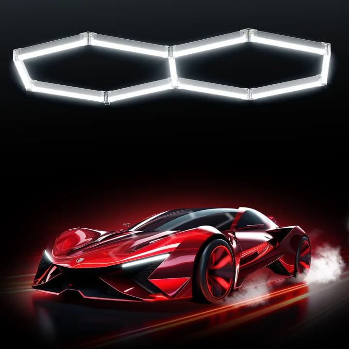 Unenrui Hexagon Garage Lights, 42W 6500K Hexagon Lights Easy Install Super Bright Garage Lighting Ceiling LED for Garages Workshop Warehouse Basement Gym 3 Grid (2 HEX)