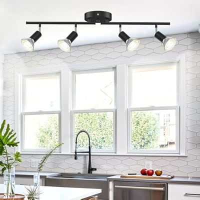 LURNOFY 4 Light Kitchen Track Lighting, Flexible Black Track Lighting Fixture Ceiling, Track Light Ceiling with GU10 Base for Kitchen, Corridor, Exhibition Hall (Bulbs Not Included)