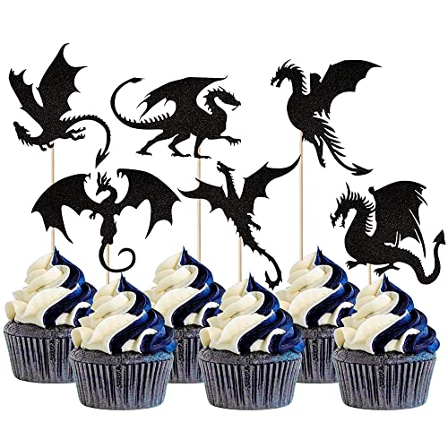 24 Pack Dragon Cupcake Toppers Glitter Fantasy Birthday Cupcake Picks for Flying Dragon Theme Baby Shower Kids Birthday Party Cake Decorations Supplies Black