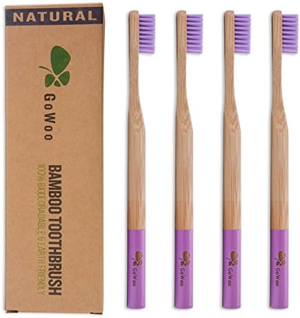 GoWoo 100% Natural Bamboo Toothbrush Soft - Organic Eco Friendly Toothbrushes with Soft Nylon Bristles, BPA-Free, Biodegradable, Dental Care Set (Pack of 4, Adult, Lilac)