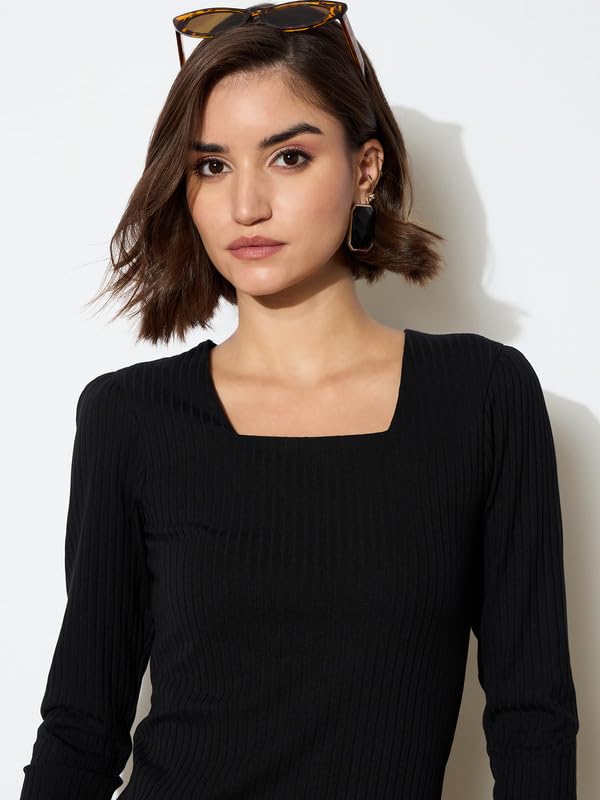 Image of barcino Black Rib Square Neck FS Midi Dress