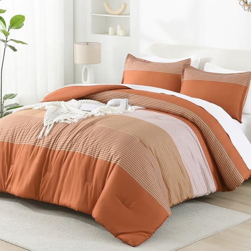 Litanika Pumpkin Comforter Set Twin/Twin XL - 2 Pieces Lightweight Pumpkin White Colorblock Stripe Fluffy Bedding Comforter Sets, All Season Bed Set