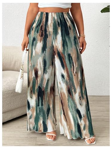 GORGLITTER Women's Plus Size Tie Dye Pleated Palazzo Pants High Waisted Wide Leg Loose Casual Flowy Pants3