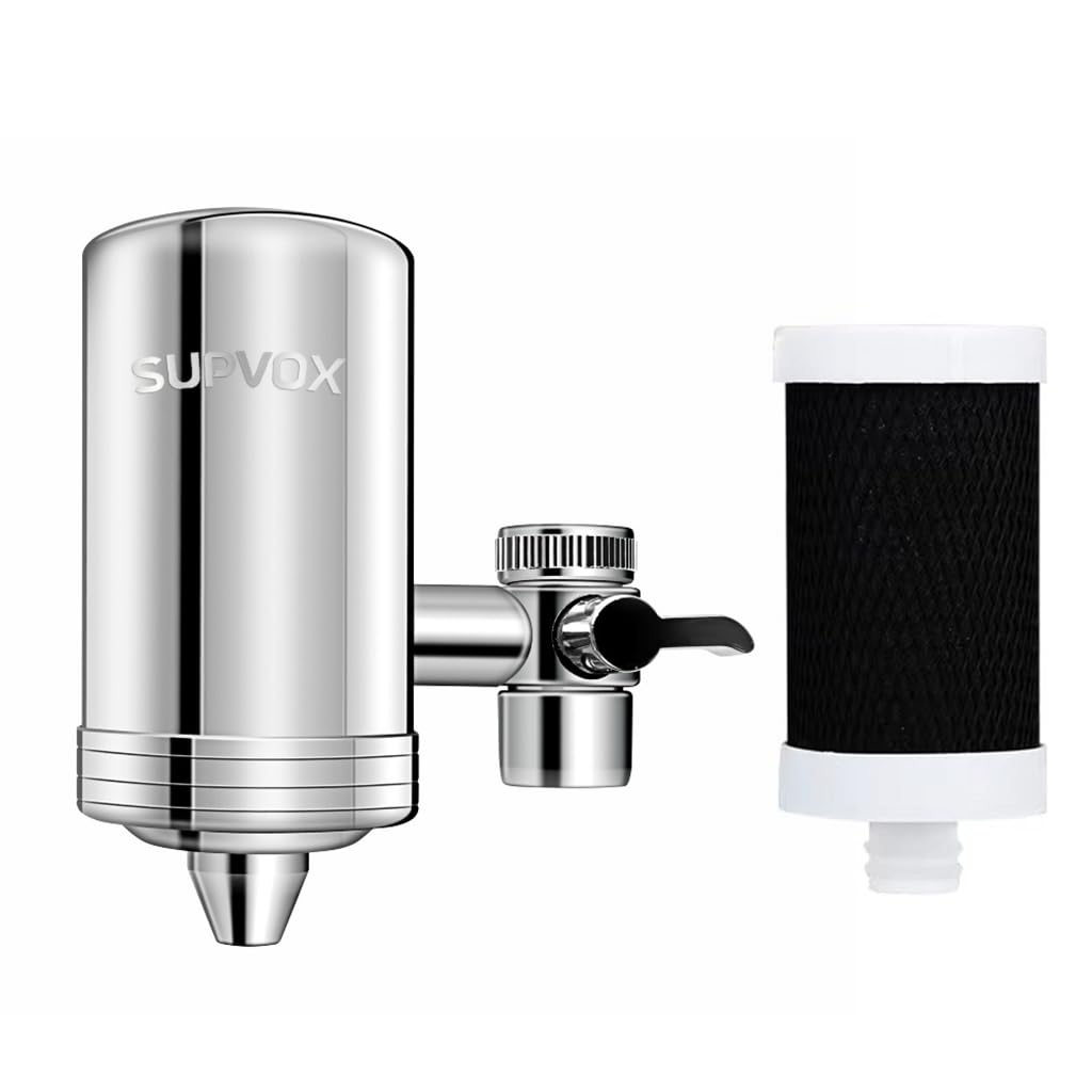 Supvox® 304 Stainless Steel Tap Water Filter with Active Carbon Filtration Tap Filter Leak-Proof Technology for Hard Water Softening in Home Bathroom Kitchen Sink