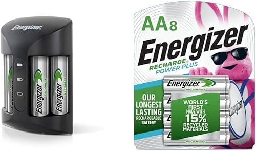 Energizer Rechargeable AA Batteries, Recharge Power Plus Double A Battery Pre-Charged and Rechargeable AA or AAA Battery Charger Set, Includes 8 Pre-Charged AA Batteries Combo Pack
