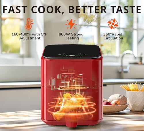 Image of Air Fryer 3.17QT with Clear Window, Simple Operation Airfryer Non-Stick Basket Dishwasher Safe, Square Airfryer, Air Fry, Roast, Reheat, Dehydrate, Bake, 400F Rapid Air Crispy Technology, Red